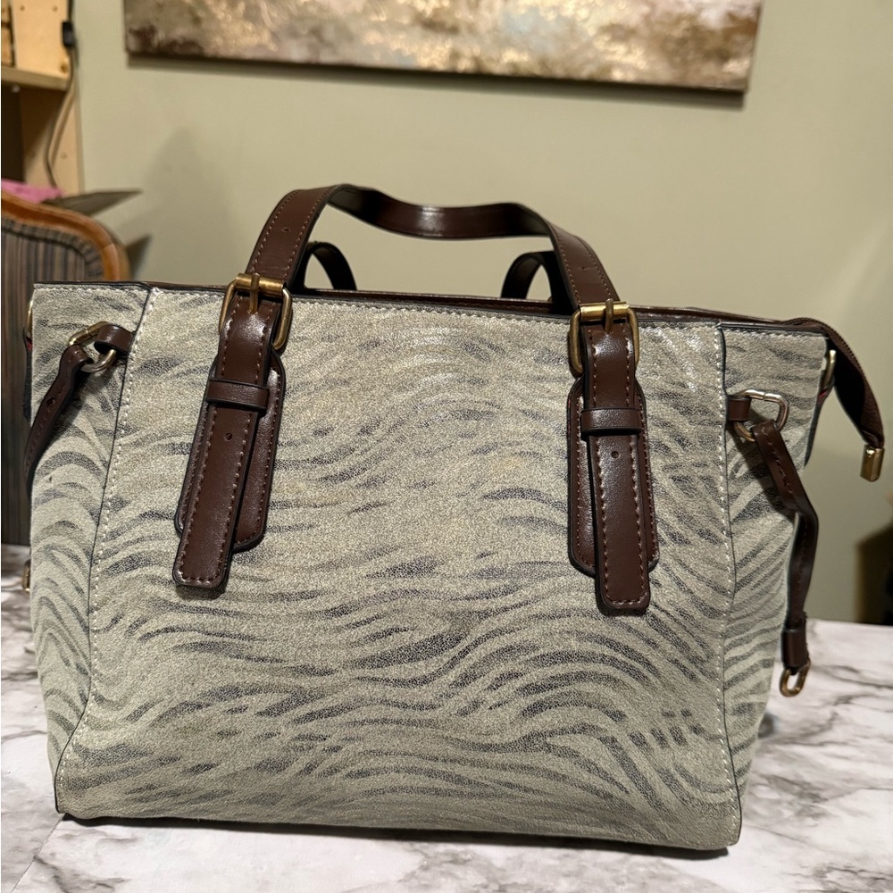 Gray and Brown Satchel with Structured Design and Leather Handles - Picture 2 of 9